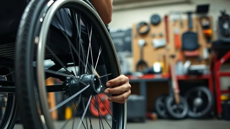 Photorealistic close-up of a mechanic carefully inspecting the wheel of a wheelchair in a well-lit workshop, with various tools and spare parts visible in the background, sharp focus on the mechanic's hands and the wheelchair wheel, depth of field blurring the background, 8K hyper-detailed. Photorealistic close-up of a mechanic carefully inspecting the wheel of a wheelchair in a well-lit workshop, with various tools and spare parts visible in the background, sharp focus on the mechanic's hands and the wheelchair wheel, depth of field blurring the background, 8K hyper-detailed.