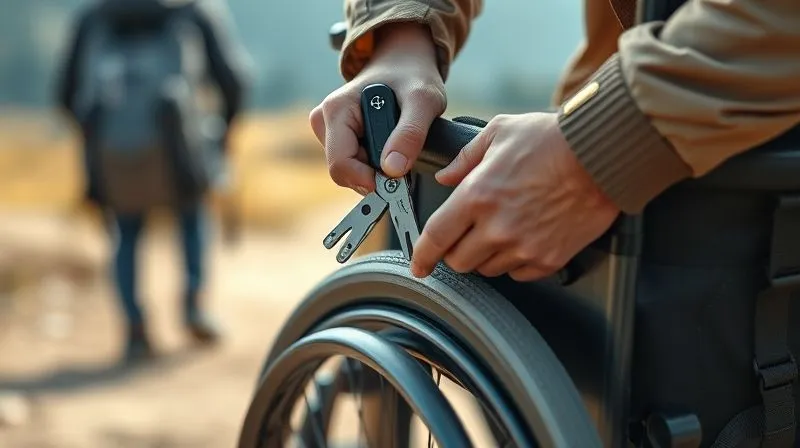 Photorealistic image of a person using a multi-tool to tighten a screw on a wheelchair in an outdoor setting, with a travel backpack visible in the background, cinematic lighting, sharp focus on the person's hands and the wheelchair, depth of field blurring the background, 8K hyper-detailed. Photorealistic image of a person using a multi-tool to tighten a screw on a wheelchair in an outdoor setting, with a travel backpack visible in the background, cinematic lighting, sharp focus on the person's hands and the wheelchair, depth of field blurring the background, 8K hyper-detailed.