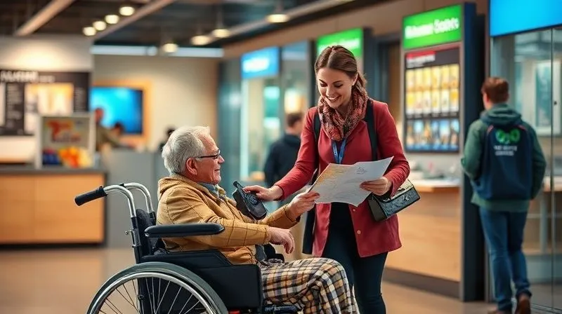 Photorealistic image of a friendly tourist information center employee assisting a traveler in a wheelchair, providing maps and information, warm and inviting lighting, sharp focus on the interaction between the employee and the traveler, depth of field blurring the background, 8K hyper-detailed. Photorealistic image of a friendly tourist information center employee assisting a traveler in a wheelchair, providing maps and information, warm and inviting lighting, sharp focus on the interaction between the employee and the traveler, depth of field blurring the background, 8K hyper-detailed.