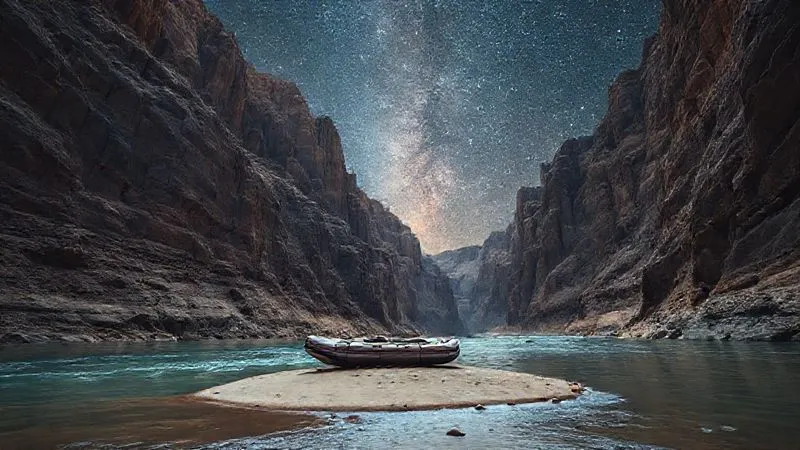 Photorealistic image of a lone white water raft pulled onto a small sandy bank in a remote, rugged river canyon, surrounded by towering, ancient rock formations under a vast, star-filled night sky, conveying profound isolation and the beauty of extreme wilderness, cinematic lighting, sharp focus on the raft, depth of field blurring the distant canyon walls, 8K hyper-detailed. Photorealistic image of a lone white water raft pulled onto a small sandy bank in a remote, rugged river canyon, surrounded by towering, ancient rock formations under a vast, star-filled night sky, conveying profound isolation and the beauty of extreme wilderness, cinematic lighting, sharp focus on the raft, depth of field blurring the distant canyon walls, 8K hyper-detailed.