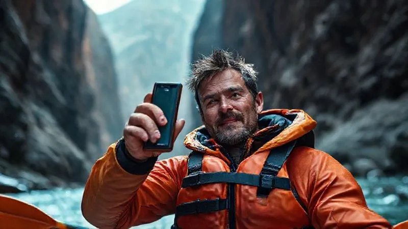Photorealistic image of a seasoned rafter, wearing a PFD, holding a satellite messenger device (like a Garmin InReach) high above their head in a remote river canyon, attempting to get a signal. The background shows dramatic, steep canyon walls and a powerful river, with a sense of urgency and determination on the rafter's face, cinematic lighting, sharp focus on the device and rafter, depth of field blurring the background, 8K hyper-detailed. Photorealistic image of a seasoned rafter, wearing a PFD, holding a satellite messenger device (like a Garmin InReach) high above their head in a remote river canyon, attempting to get a signal. The background shows dramatic, steep canyon walls and a powerful river, with a sense of urgency and determination on the rafter's face, cinematic lighting, sharp focus on the device and rafter, depth of field blurring the background, 8K hyper-detailed.