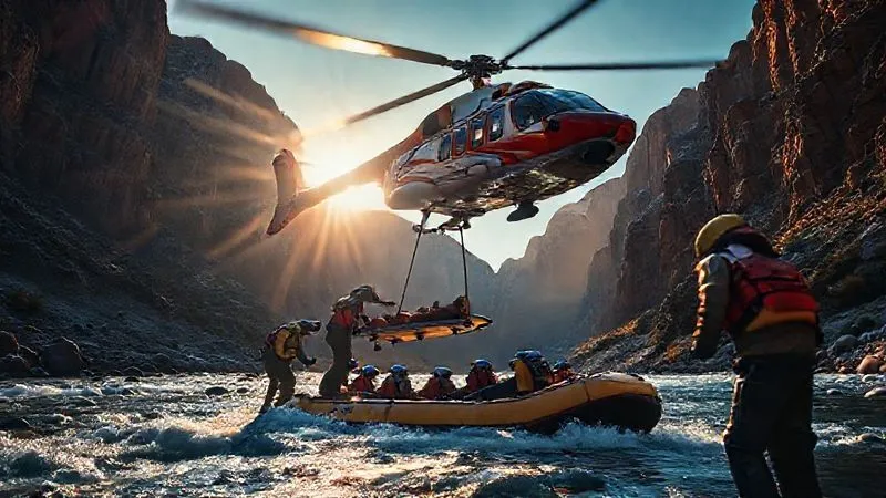Photorealistic image from a low angle looking up at a rescue helicopter hovering over a white water rafting group on a remote river, a stretcher being carefully loaded by trained rescuers, dramatic lighting of a late afternoon sun, sharp focus on the helicopter and rescue operation, depth of field blurring the distant canyon, 8K hyper-detailed, sense of urgency and relief. Photorealistic image from a low angle looking up at a rescue helicopter hovering over a white water rafting group on a remote river, a stretcher being carefully loaded by trained rescuers, dramatic lighting of a late afternoon sun, sharp focus on the helicopter and rescue operation, depth of field blurring the distant canyon, 8K hyper-detailed, sense of urgency and relief.