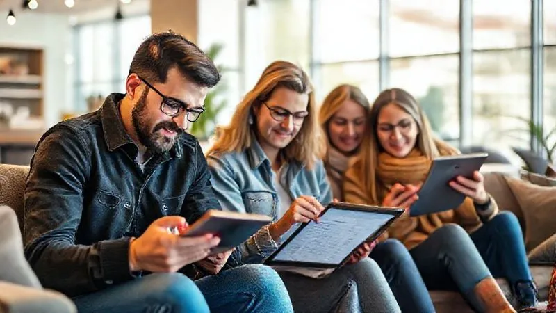 A diverse group of travelers filling out a digital form on tablets, looking engaged and thoughtful. The setting is a brightly lit, modern travel agency or a comfortable living room, emphasizing proactive planning. Photorealistic, professional photography, 8K, cinematic lighting, sharp focus, depth of field, shot on a high-end DSLR.