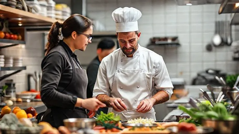 A chef in a bustling professional kitchen, wearing a clean white apron, intently discussing ingredients with a tour guide. They are surrounded by fresh produce and cooking utensils, with a focus on collaborative problem-solving. Photorealistic, professional photography, 8K, cinematic lighting, sharp focus, depth of field, shot on a high-end DSLR.