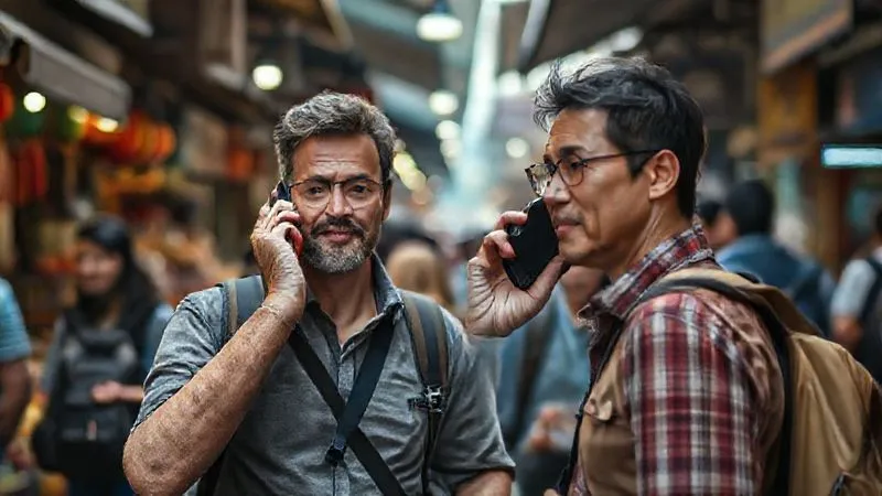 A tour guide, looking calm and professional, is making an urgent phone call while a small group of concerned travelers stands respectfully nearby. The background shows a bustling street market, but the focus is on the guide's decisive action. Photorealistic, professional photography, 8K, cinematic lighting, sharp focus, depth of field, shot on a high-end DSLR.