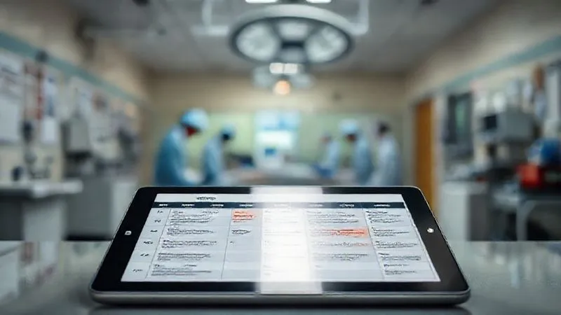A photorealistic image of a detailed program schedule on a tablet, with specific roles and supervisors clearly highlighted, contrasted with a blurred background of a chaotic, unsupervised medical scene. Professional photography, 8K, cinematic lighting, sharp focus on the tablet, depth of field blurring the background, shot on a high-end DSLR.