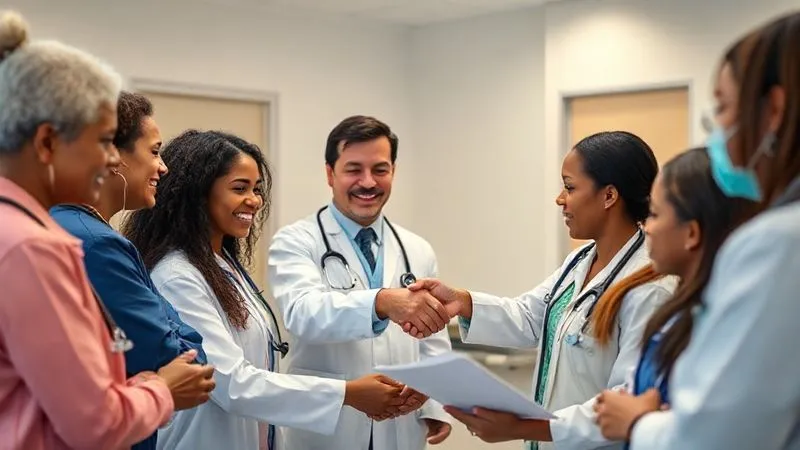 A photorealistic image showing a diverse group of local healthcare professionals and international volunteers collaborating respectfully, reviewing patient charts together in a well-lit clinic. Handshakes and smiles convey genuine partnership. Professional photography, 8K, cinematic lighting, sharp focus on the interaction, depth of field blurring the background, shot on a high-end DSLR.