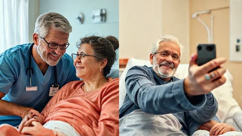 A photorealistic image depicting a stark contrast: on one side, a volunteer genuinely engaging with a patient, demonstrating empathy and professional distance; on the other, a volunteer taking a selfie with a patient in a vulnerable moment, highlighting the 'selfie savior' mentality. Professional photography, 8K, cinematic lighting, sharp focus on both scenarios, depth of field blurring the background, shot on a high-end DSLR.