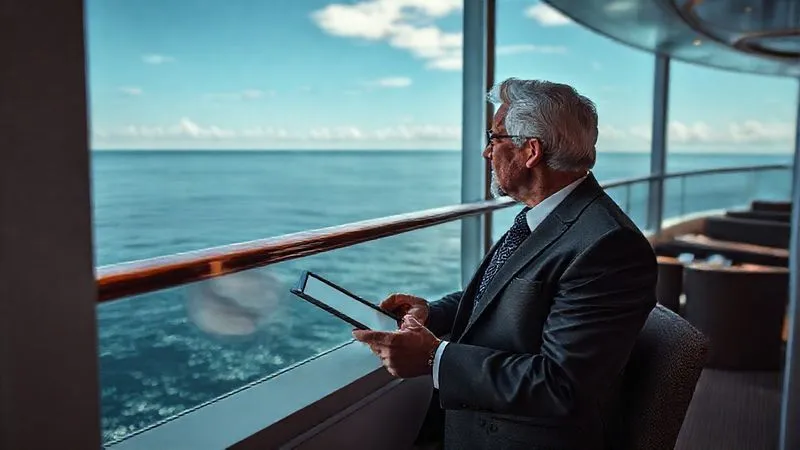 A photorealistic image of a sophisticated luxury cruise guest looking out at a tranquil ocean from a private balcony, holding a tablet, reflecting deep thought and discerning taste. Cinematic lighting, sharp focus, 8K. A photorealistic image of a sophisticated luxury cruise guest looking out at a tranquil ocean from a private balcony, holding a tablet, reflecting deep thought and discerning taste. Cinematic lighting, sharp focus, 8K.