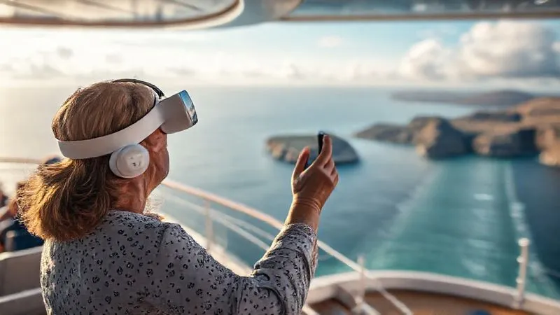 A photorealistic, professional photography, 8K, cinematic lighting, sharp focus, depth of field shot of a luxury cruise guest using a sleek, futuristic AR headset, overlaying historical information onto a view of a distant coastline from the ship's deck, demonstrating seamless tech integration. A photorealistic, professional photography, 8K, cinematic lighting, sharp focus, depth of field shot of a luxury cruise guest using a sleek, futuristic AR headset, overlaying historical information onto a view of a distant coastline from the ship's deck, demonstrating seamless tech integration.