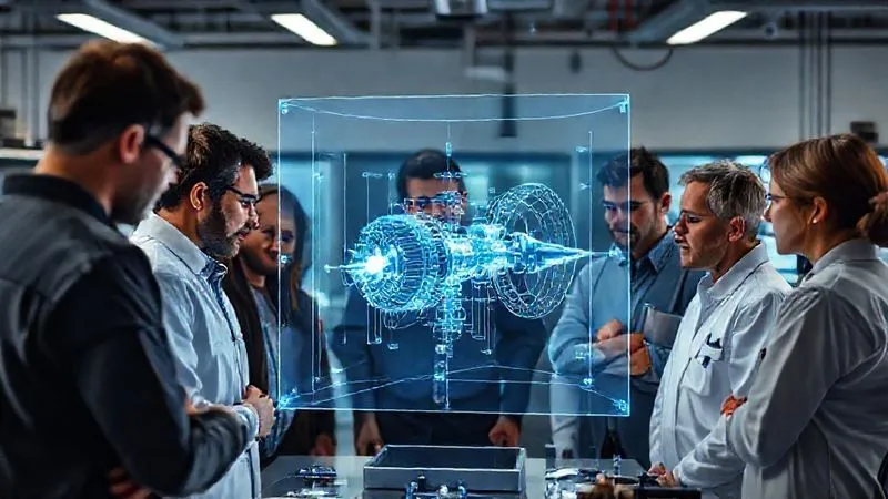 A photorealistic, professional photography, 8K, cinematic lighting, sharp focus, depth of field, shot on a high-end DSLR image of a diverse group of scientists and engineers collaborating intently around a holographic projection of a complex spacecraft propulsion system design, conveying innovation and teamwork in a high-tech lab setting. A photorealistic, professional photography, 8K, cinematic lighting, sharp focus, depth of field, shot on a high-end DSLR image of a diverse group of scientists and engineers collaborating intently around a holographic projection of a complex spacecraft propulsion system design, conveying innovation and teamwork in a high-tech lab setting.