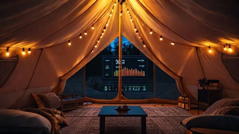 A luxurious glamping tent interior at night, softly lit by LED lights, with a digital display showing real-time energy consumption data. Photorealistic, professional photography, 8K, cinematic lighting, sharp focus on the display, depth of field blurring the background, shot on a high-end DSLR. A luxurious glamping tent interior at night, softly lit by LED lights, with a digital display showing real-time energy consumption data. Photorealistic, professional photography, 8K, cinematic lighting, sharp focus on the display, depth of field blurring the background, shot on a high-end DSLR.