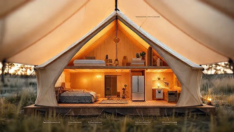 A cross-section diagram of a luxury glamping tent, highlighting passive solar design elements, insulation layers, and integrated energy-efficient appliances. Photorealistic, professional photography, 8K, cinematic lighting, sharp focus on the design features, depth of field blurring the background, shot on a high-end DSLR. A cross-section diagram of a luxury glamping tent, highlighting passive solar design elements, insulation layers, and integrated energy-efficient appliances. Photorealistic, professional photography, 8K, cinematic lighting, sharp focus on the design features, depth of field blurring the background, shot on a high-end DSLR.