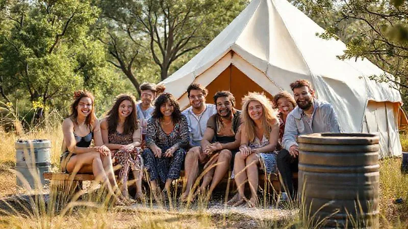 A diverse group of happy glamping guests enjoying a pristine natural setting, subtly showing elements of sustainable infrastructure like a solar-powered charging station or a rainwater collection barrel. Photorealistic, professional photography, 8K, cinematic lighting, sharp focus on the guests and their interaction with the environment, depth of field blurring the background, shot on a high-end DSLR. A diverse group of happy glamping guests enjoying a pristine natural setting, subtly showing elements of sustainable infrastructure like a solar-powered charging station or a rainwater collection barrel. Photorealistic, professional photography, 8K, cinematic lighting, sharp focus on the guests and their interaction with the environment, depth of field blurring the background, shot on a high-end DSLR.