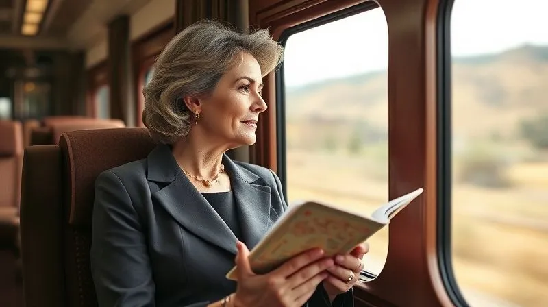 A sophisticated and elegant female traveler in her late 40s, impeccably dressed, looking contemplatively out of a luxury train window, holding a vintage map or journal. The setting is a plush, well-appointed train compartment with soft, natural light. Photorealistic, professional photography, 8K, cinematic lighting, sharp focus on her thoughtful expression, depth of field blurring the passing landscape, shot on a high-end DSLR. A sophisticated and elegant female traveler in her late 40s, impeccably dressed, looking contemplatively out of a luxury train window, holding a vintage map or journal. The setting is a plush, well-appointed train compartment with soft, natural light. Photorealistic, professional photography, 8K, cinematic lighting, sharp focus on her thoughtful expression, depth of field blurring the passing landscape, shot on a high-end DSLR.