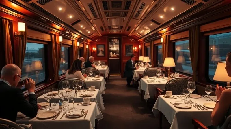 A luxurious train dining car at dusk, with elegantly set tables and soft, warm lighting. In the background, subtle thematic decor like framed vintage railway posters or a small, tasteful display of historical railway ephemera is visible. Guests are enjoying a gourmet meal, and the atmosphere is refined and immersive. Photorealistic, professional photography, 8K, cinematic lighting, sharp focus on the dining experience, depth of field blurring the scenery outside, shot on a high-end DSLR. A luxurious train dining car at dusk, with elegantly set tables and soft, warm lighting. In the background, subtle thematic decor like framed vintage railway posters or a small, tasteful display of historical railway ephemera is visible. Guests are enjoying a gourmet meal, and the atmosphere is refined and immersive. Photorealistic, professional photography, 8K, cinematic lighting, sharp focus on the dining experience, depth of field blurring the scenery outside, shot on a high-end DSLR.