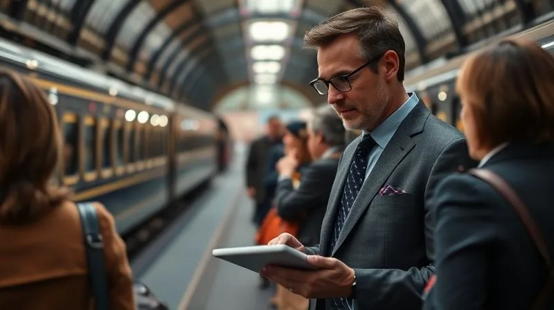 A professional and attentive luxury tour manager discreetly observing guests enjoying an exhibit at a railway museum, taking notes on a tablet. The manager is well-dressed and has an empathetic, focused expression. The museum background is elegant and well-maintained. Photorealistic, professional photography, 8K, cinematic lighting, sharp focus on the manager, depth of field blurring the background, shot on a high-end DSLR. A professional and attentive luxury tour manager discreetly observing guests enjoying an exhibit at a railway museum, taking notes on a tablet. The manager is well-dressed and has an empathetic, focused expression. The museum background is elegant and well-maintained. Photorealistic, professional photography, 8K, cinematic lighting, sharp focus on the manager, depth of field blurring the background, shot on a high-end DSLR.