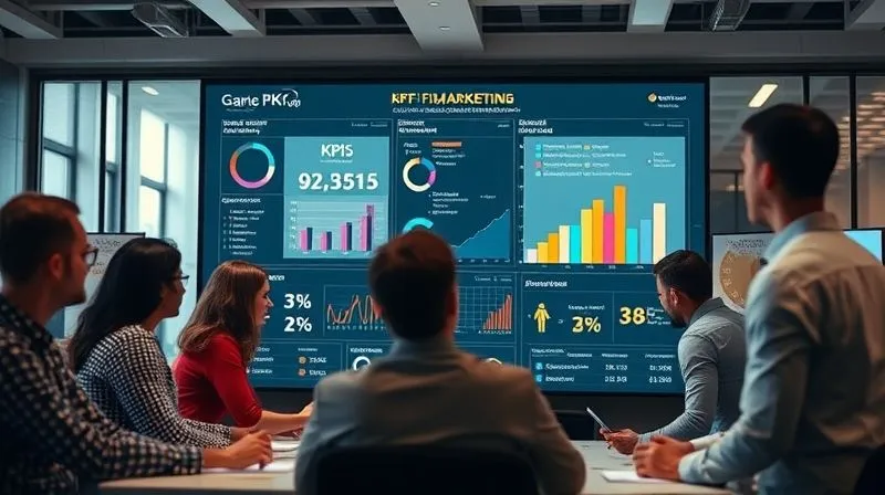 A photorealistic image of a diverse team of marketing professionals collaborating around a large digital dashboard displaying various KPIs and strategic objectives for a film festival sponsorship, cinematic lighting, sharp focus on the dashboard, depth of field blurring the background office. The image conveys strategic planning and goal setting.