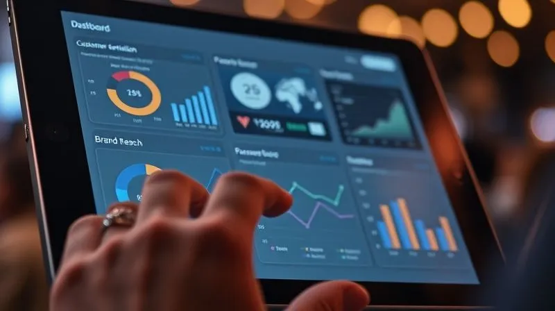 A photorealistic close-up of a hand interacting with a tablet displaying a sophisticated data visualization dashboard, with various charts and graphs representing customer sentiment, lead conversion rates, and brand reach from a recent film festival sponsorship. Cinematic lighting, sharp focus on the tablet screen, depth of field blurring the background.