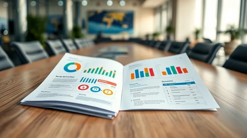 A photorealistic, professional photography, 8K image of a meticulously designed business report laid open on a modern conference table, showcasing vibrant data visualizations and a clear executive summary. A blurred background of a bustling office suggests strategic decision-making. Cinematic lighting, sharp focus on the report's key sections, depth of field blurring the background, conveying professionalism and clarity.