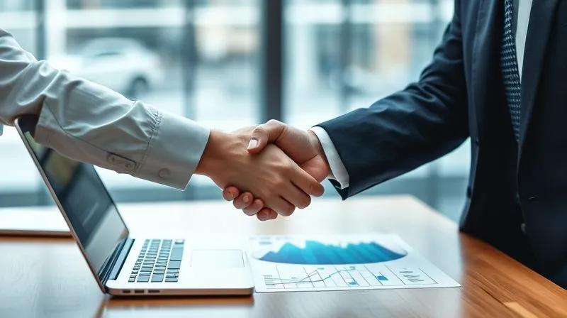 A photorealistic, professional photography, 8K image of two business professionals shaking hands over a table with a laptop displaying a future strategy roadmap, with a subtle, stylized film reel graphic in the background. Cinematic lighting, sharp focus on the handshake and roadmap, depth of field blurring the background, conveying successful partnership and future planning.