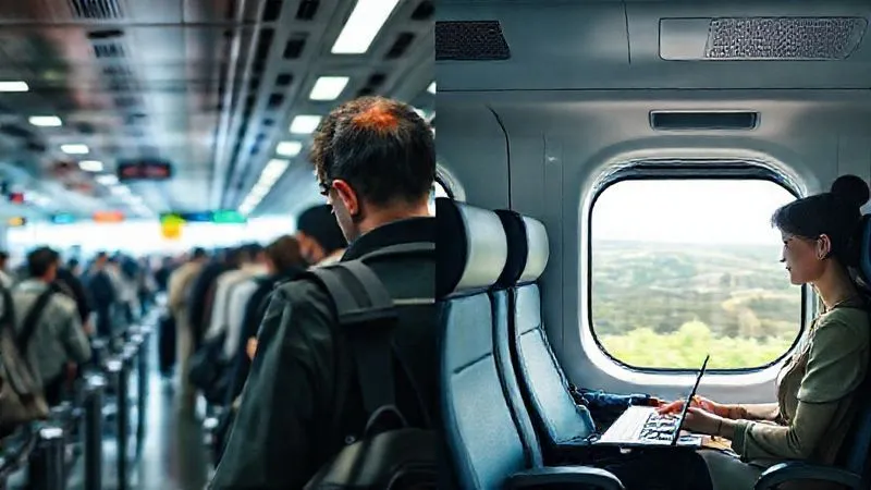 photorealistic, professional photography, 8K, cinematic lighting, sharp focus, depth of field, shot on a high-end DSLR. A split image: on one side, a chaotic airport security line with stressed business travelers, on the other, a calm, spacious high-speed train interior with a relaxed business person working on a laptop, green landscapes visible outside the window. The contrast highlights the difference in travel experience. photorealistic, professional photography, 8K, cinematic lighting, sharp focus, depth of field, shot on a high-end DSLR. A split image: on one side, a chaotic airport security line with stressed business travelers, on the other, a calm, spacious high-speed train interior with a relaxed business person working on a laptop, green landscapes visible outside the window. The contrast highlights the difference in travel experience.