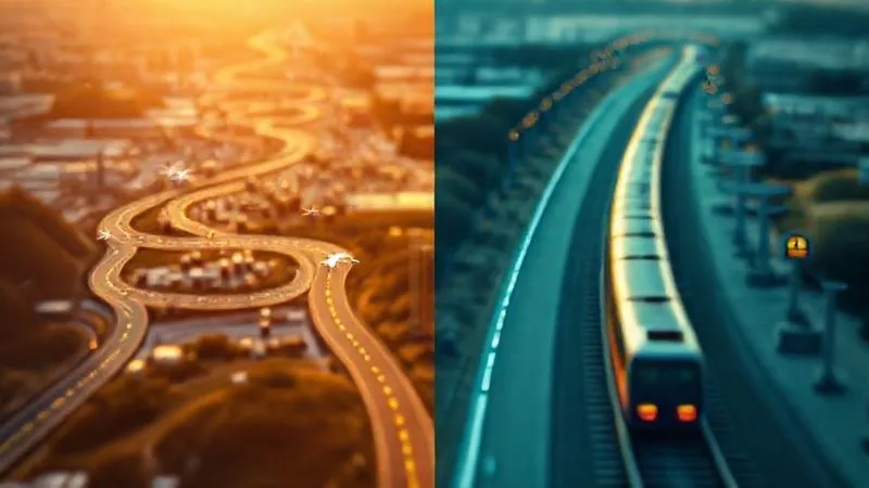photorealistic, professional photography, 8K, cinematic lighting, sharp focus, depth of field, shot on a high-end DSLR. An infographic style image showing two pathways: one winding and congested, representing air travel from city center to city center (with airport icons, security lines, and transfer buses); the other, a direct, sleek line, representing high-speed rail from city center to city center (with train station icons). Both paths clearly show time estimates for each segment, highlighting the efficiency of rail. photorealistic, professional photography, 8K, cinematic lighting, sharp focus, depth of field, shot on a high-end DSLR. An infographic style image showing two pathways: one winding and congested, representing air travel from city center to city center (with airport icons, security lines, and transfer buses); the other, a direct, sleek line, representing high-speed rail from city center to city center (with train station icons). Both paths clearly show time estimates for each segment, highlighting the efficiency of rail.