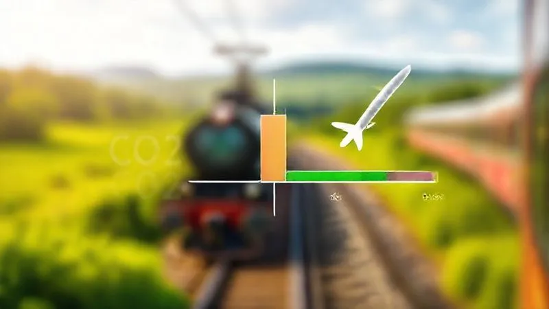 A photorealistic infographic showing a side-by-side comparison of CO2 emissions for a train journey versus a flight, with the train's bar significantly lower and greener. The background features a blurred, vibrant green landscape, professional photography, 8K, cinematic lighting, sharp focus, depth of field, shot on a high-end DSLR. A photorealistic infographic showing a side-by-side comparison of CO2 emissions for a train journey versus a flight, with the train's bar significantly lower and greener. The background features a blurred, vibrant green landscape, professional photography, 8K, cinematic lighting, sharp focus, depth of field, shot on a high-end DSLR.