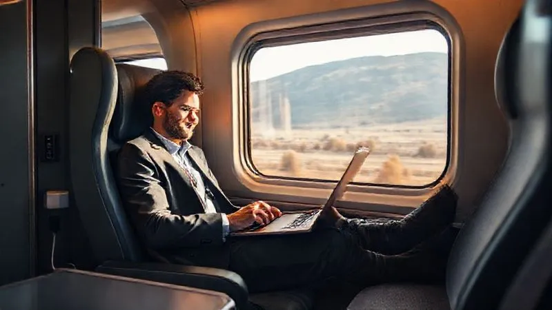 A photorealistic image of a business traveler comfortably working on a laptop in a spacious, modern train carriage, with a scenic view outside the window. The focus is on the traveler's productivity and comfort, with subtle details like a charging port and a fresh cup of coffee, professional photography, 8K, cinematic lighting, sharp focus, depth of field, shot on a high-end DSLR. A photorealistic image of a business traveler comfortably working on a laptop in a spacious, modern train carriage, with a scenic view outside the window. The focus is on the traveler's productivity and comfort, with subtle details like a charging port and a fresh cup of coffee, professional photography, 8K, cinematic lighting, sharp focus, depth of field, shot on a high-end DSLR.