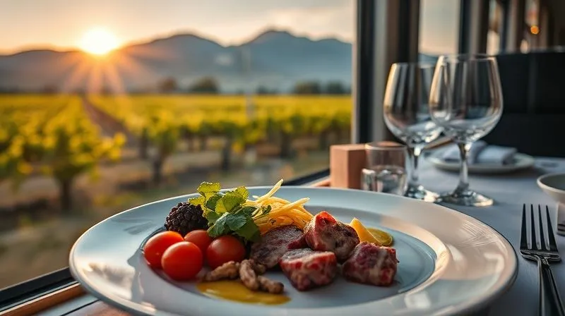 A close-up of a gourmet meal on a luxury train, with a scenic view of a vibrant, sunlit vineyard or a majestic mountain range outside the window, photorealistic, professional photography, 8K, cinematic lighting, sharp focus on the food, depth of field blurring the background, shot on a high-end DSLR. A close-up of a gourmet meal on a luxury train, with a scenic view of a vibrant, sunlit vineyard or a majestic mountain range outside the window, photorealistic, professional photography, 8K, cinematic lighting, sharp focus on the food, depth of field blurring the background, shot on a high-end DSLR.