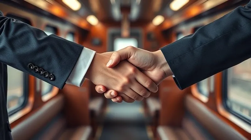 Two professional hands shaking over a stylized blueprint of a luxury train itinerary, symbolizing agreement, trust, and a bespoke partnership, with a blurred background of a classic train carriage interior, photorealistic, professional photography, 8K, cinematic lighting, sharp focus on the hands and blueprint, depth of field blurring the background, shot on a high-end DSLR. Two professional hands shaking over a stylized blueprint of a luxury train itinerary, symbolizing agreement, trust, and a bespoke partnership, with a blurred background of a classic train carriage interior, photorealistic, professional photography, 8K, cinematic lighting, sharp focus on the hands and blueprint, depth of field blurring the background, shot on a high-end DSLR.