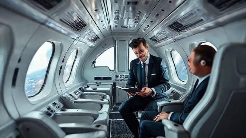 A photorealistic, highly detailed image of a sleek, modern commercial spacecraft interior. The cabin is pristine, with ergonomic seats and large, clear windows. A professional-looking astronaut or guide is calmly explaining something to a well-dressed, attentive passenger. The lighting is soft and reassuring, conveying safety and advanced technology. Sharp focus on the interaction, with depth of field blurring the background controls. 8K hyper-detailed. A photorealistic, highly detailed image of a sleek, modern commercial spacecraft interior. The cabin is pristine, with ergonomic seats and large, clear windows. A professional-looking astronaut or guide is calmly explaining something to a well-dressed, attentive passenger. The lighting is soft and reassuring, conveying safety and advanced technology. Sharp focus on the interaction, with depth of field blurring the background controls. 8K hyper-detailed.