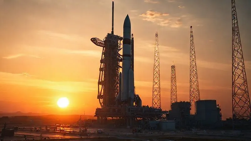 A photorealistic, visionary image of a futuristic space launchpad with a sleek, reusable rocket standing tall against a sunrise. The scene is bustling with subdued, high-tech activity, conveying progress and the dawn of a new era in space exploration. The lighting is dramatic and hopeful, with sharp focus on the rocket and depth of field blurring the distant, futuristic structures. 8K hyper-detailed. A photorealistic, visionary image of a futuristic space launchpad with a sleek, reusable rocket standing tall against a sunrise. The scene is bustling with subdued, high-tech activity, conveying progress and the dawn of a new era in space exploration. The lighting is dramatic and hopeful, with sharp focus on the rocket and depth of field blurring the distant, futuristic structures. 8K hyper-detailed.