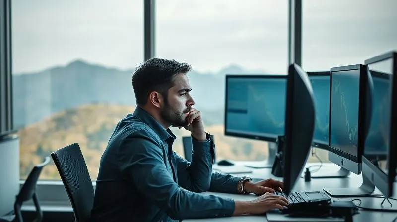 A photorealistic, professional photography, 8K, cinematic lighting, sharp focus, depth of field shot on a high-end DSLR of a stressed corporate worker sitting at a desk surrounded by screens, looking overwhelmed, with a subtle, serene natural landscape visible through a window in the background, hinting at relief. A photorealistic, professional photography, 8K, cinematic lighting, sharp focus, depth of field shot on a high-end DSLR of a stressed corporate worker sitting at a desk surrounded by screens, looking overwhelmed, with a subtle, serene natural landscape visible through a window in the background, hinting at relief.