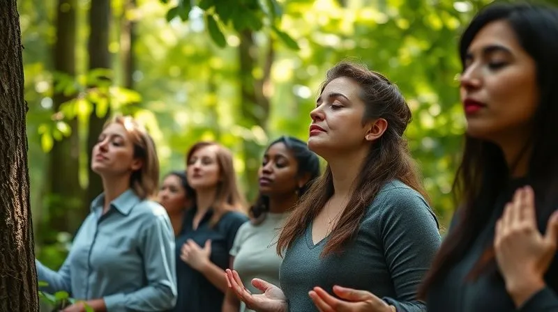 A photorealistic, professional photography, 8K, cinematic lighting, sharp focus, depth of field shot on a high-end DSLR of a diverse group of employees engaged in a guided forest bathing session, eyes closed or softly gazing, hands touching tree bark, surrounded by lush green foliage and dappled sunlight, evoking tranquility. A photorealistic, professional photography, 8K, cinematic lighting, sharp focus, depth of field shot on a high-end DSLR of a diverse group of employees engaged in a guided forest bathing session, eyes closed or softly gazing, hands touching tree bark, surrounded by lush green foliage and dappled sunlight, evoking tranquility.