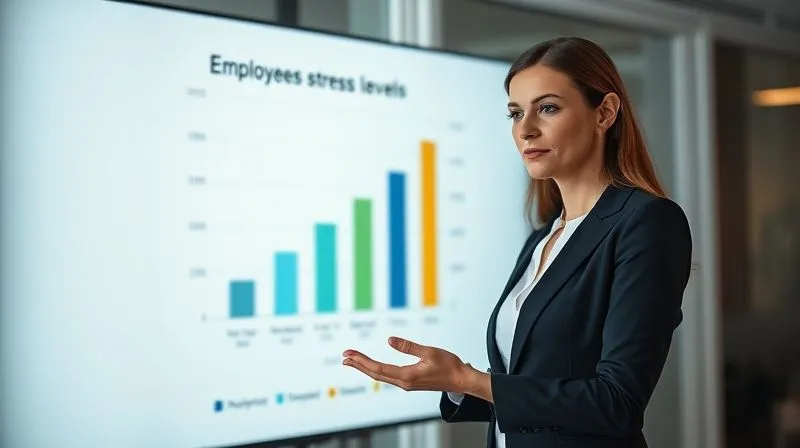 A photorealistic, professional photography, 8K, cinematic lighting, sharp focus, depth of field shot on a high-end DSLR of a professional businesswoman presenting a clear, visually engaging bar chart on a large screen, showing a significant decrease in employee stress levels and an increase in productivity after implementing a wellness program. The chart should be easy to read with clear labels. A photorealistic, professional photography, 8K, cinematic lighting, sharp focus, depth of field shot on a high-end DSLR of a professional businesswoman presenting a clear, visually engaging bar chart on a large screen, showing a significant decrease in employee stress levels and an increase in productivity after implementing a wellness program. The chart should be easy to read with clear labels.