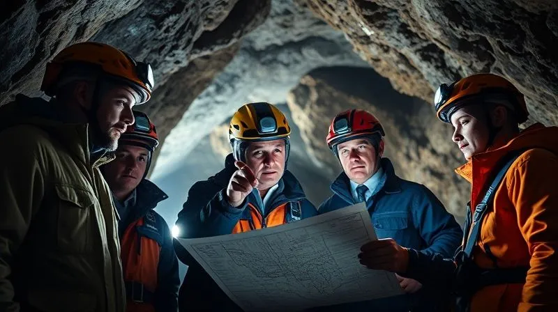 Photorealistic, professional photography, 8K, cinematic lighting, sharp focus, depth of field. A diverse group of executives in caving gear, headlamps on, deep inside a magnificent cave. One executive is pointing forward, showing leadership, while another is carefully observing a map. The atmosphere is one of intense focus and collaborative problem-solving, with ancient rock formations illuminated by their lights. Photorealistic, professional photography, 8K, cinematic lighting, sharp focus, depth of field. A diverse group of executives in caving gear, headlamps on, deep inside a magnificent cave. One executive is pointing forward, showing leadership, while another is carefully observing a map. The atmosphere is one of intense focus and collaborative problem-solving, with ancient rock formations illuminated by their lights.
