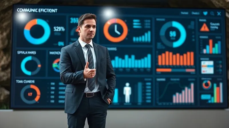 Photorealistic, professional photography, 8K, cinematic lighting, sharp focus, depth of field. A business executive, dressed in professional attire, stands in front of a large digital dashboard displaying various business KPIs like communication efficiency, decision-making speed, and team cohesion metrics. The executive is pointing to a specific metric, indicating analysis. The background subtly hints at a cave entrance or rock formation, metaphorically linking the business metrics to the adventure. Photorealistic, professional photography, 8K, cinematic lighting, sharp focus, depth of field. A business executive, dressed in professional attire, stands in front of a large digital dashboard displaying various business KPIs like communication efficiency, decision-making speed, and team cohesion metrics. The executive is pointing to a specific metric, indicating analysis. The background subtly hints at a cave entrance or rock formation, metaphorically linking the business metrics to the adventure.