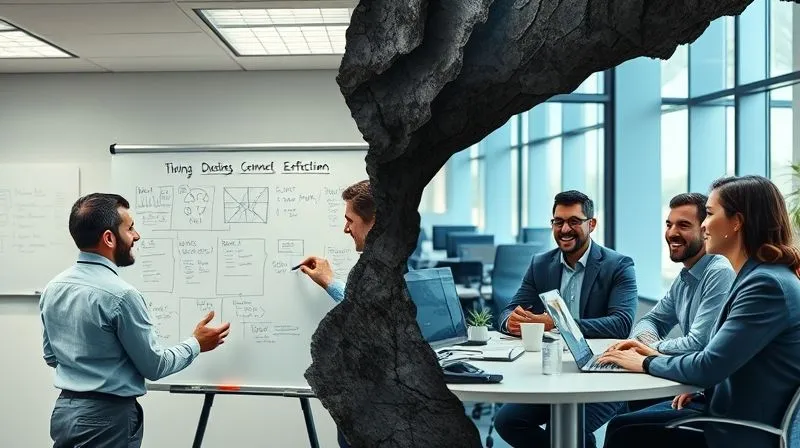 Photorealistic, professional photography, 8K, cinematic lighting, sharp focus, depth of field. A split image, one side showing executives struggling with a complex whiteboard diagram in a sterile office, looking stressed. The other side shows the same executives working together seamlessly, smiling, and effectively collaborating in a dynamic, modern office environment. A subtle visual overlay of cave formations connects the two scenes, symbolizing the transformation. Photorealistic, professional photography, 8K, cinematic lighting, sharp focus, depth of field. A split image, one side showing executives struggling with a complex whiteboard diagram in a sterile office, looking stressed. The other side shows the same executives working together seamlessly, smiling, and effectively collaborating in a dynamic, modern office environment. A subtle visual overlay of cave formations connects the two scenes, symbolizing the transformation.