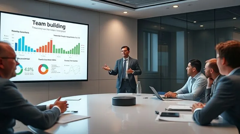 Photorealistic, professional photography, 8K, cinematic lighting, sharp focus, depth of field. A professional business presentation taking place in a modern boardroom. On a large screen, a compelling infographic displays ROI metrics (charts, graphs) related to team building. A confident executive is presenting, gesturing towards the screen, while other executives at the table are engaged and nodding. The overall atmosphere is one of successful justification and strategic insight. Photorealistic, professional photography, 8K, cinematic lighting, sharp focus, depth of field. A professional business presentation taking place in a modern boardroom. On a large screen, a compelling infographic displays ROI metrics (charts, graphs) related to team building. A confident executive is presenting, gesturing towards the screen, while other executives at the table are engaged and nodding. The overall atmosphere is one of successful justification and strategic insight.