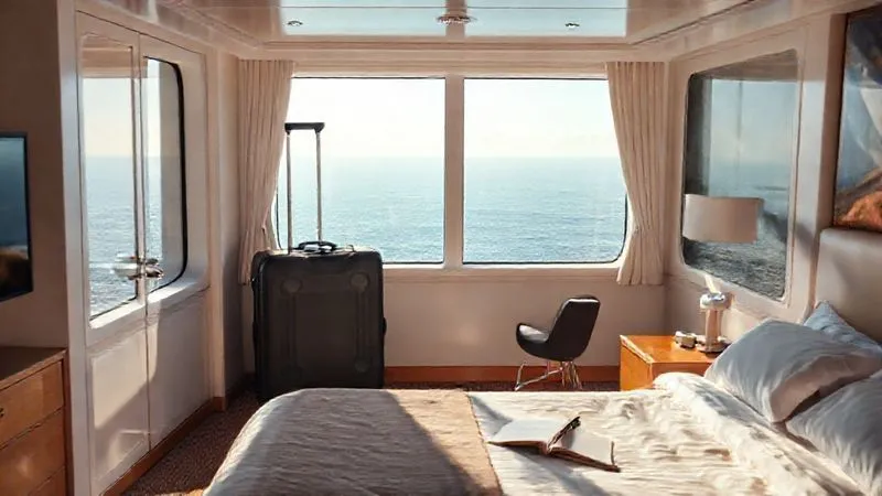 A photorealistic, professional photography shot of a spacious, elegant cruise ship cabin with a large window overlooking the ocean, bathed in soft morning light. A half-unpacked suitcase sits neatly on a luggage rack, suggesting a comfortable, unhurried journey. The bed is neatly made, and a small writing desk with a journal and pen is visible, hinting at contemplation and planning. 8K, cinematic lighting, sharp focus on the cabin interior, depth of field blurring the distant ocean. A photorealistic, professional photography shot of a spacious, elegant cruise ship cabin with a large window overlooking the ocean, bathed in soft morning light. A half-unpacked suitcase sits neatly on a luggage rack, suggesting a comfortable, unhurried journey. The bed is neatly made, and a small writing desk with a journal and pen is visible, hinting at contemplation and planning. 8K, cinematic lighting, sharp focus on the cabin interior, depth of field blurring the distant ocean.