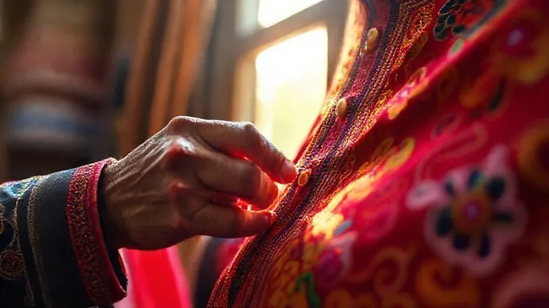 A close-up, photorealistic shot of a skilled artisan meticulously inspecting the stitching on a vibrant, intricately embroidered festival garment, highlighting the quality of the fabric and craftsmanship. Sunlight streams from a window, illuminating the texture. Professional photography, 8K, cinematic lighting, sharp focus on the hands and fabric, depth of field, shot on a high-end DSLR. A close-up, photorealistic shot of a skilled artisan meticulously inspecting the stitching on a vibrant, intricately embroidered festival garment, highlighting the quality of the fabric and craftsmanship. Sunlight streams from a window, illuminating the texture. Professional photography, 8K, cinematic lighting, sharp focus on the hands and fabric, depth of field, shot on a high-end DSLR.