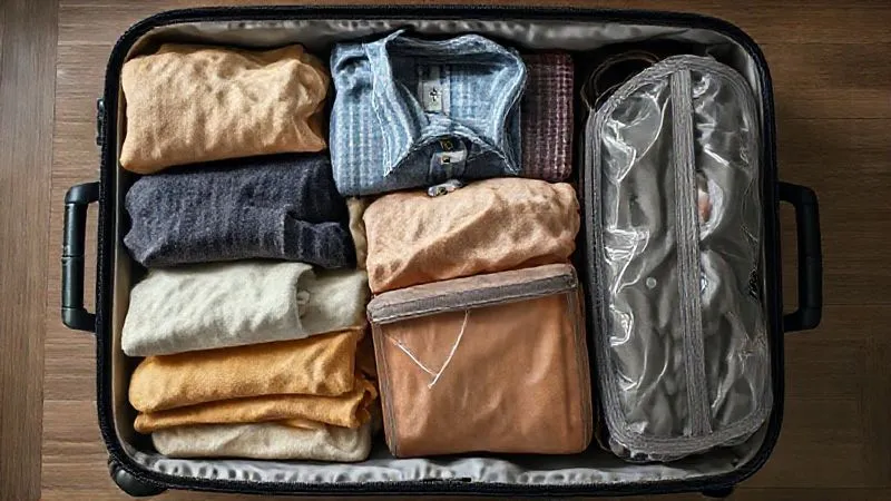 A top-down, photorealistic shot of an open suitcase, meticulously organized with festival clothes folded using the KonMari method, packing cubes, and a clear bag for accessories. The clothes look fresh and wrinkle-free. Professional photography, 8K, cinematic lighting, sharp focus, depth of field, shot on a high-end DSLR. A top-down, photorealistic shot of an open suitcase, meticulously organized with festival clothes folded using the KonMari method, packing cubes, and a clear bag for accessories. The clothes look fresh and wrinkle-free. Professional photography, 8K, cinematic lighting, sharp focus, depth of field, shot on a high-end DSLR.
