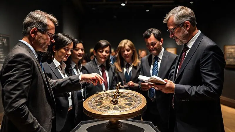 photorealistic, professional photography, 8K, cinematic lighting, sharp focus, depth of field, shot on a high-end DSLR. A diverse group of executives in business attire, intently gathered around an ancient navigational instrument (like an astrolabe or sextant) in a dimly lit museum exhibit. One executive points to a detail, another is taking notes, and a knowledgeable guide explains its historical significance and potential modern parallels. The scene emphasizes focused learning and engagement. photorealistic, professional photography, 8K, cinematic lighting, sharp focus, depth of field, shot on a high-end DSLR. A diverse group of executives in business attire, intently gathered around an ancient navigational instrument (like an astrolabe or sextant) in a dimly lit museum exhibit. One executive points to a detail, another is taking notes, and a knowledgeable guide explains its historical significance and potential modern parallels. The scene emphasizes focused learning and engagement.