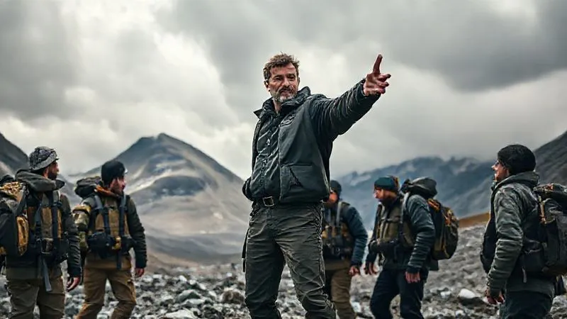 photorealistic, professional photography, 8K, cinematic lighting, sharp focus, depth of field, shot on a high-end DSLR, a determined leader, standing tall amidst a small, exhausted team in a rugged mountain pass, pointing definitively towards a distant landmark. The leader's expression is resolute, the team members are looking at the leader with trust and focus. The environment is vast and challenging, with dramatic clouds overhead.
