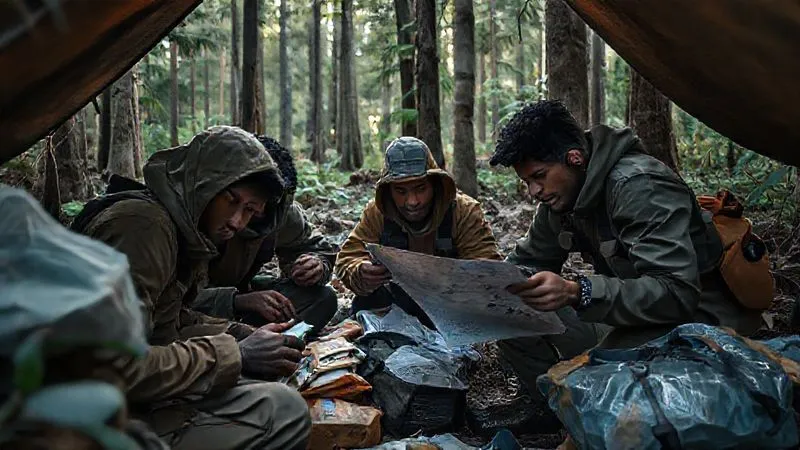 photorealistic, professional photography, 8K, cinematic lighting, sharp focus, depth of field, shot on a high-end DSLR, a small, diverse team meticulously organizing their limited supplies in a makeshift camp in a dense forest. One team member is carefully counting ration packs, another is examining a map, and a third is inspecting a water purification filter. The atmosphere is one of focused determination, with natural light filtering through the trees.