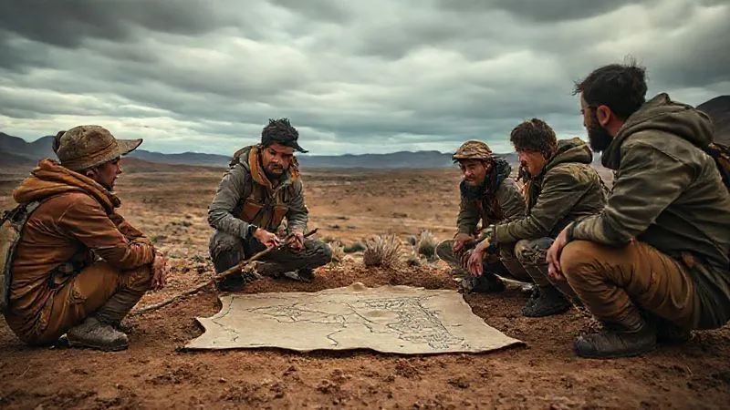 photorealistic, professional photography, 8K, cinematic lighting, sharp focus, depth of field, shot on a high-end DSLR, a small, diverse team gathered around a makeshift map drawn in the dirt, intensely discussing their next steps in a rugged, remote wilderness. The leader is pointing with a stick, facilitating the conversation, while team members look on with serious, thoughtful expressions. The backdrop is a vast, challenging landscape under a dramatic sky.