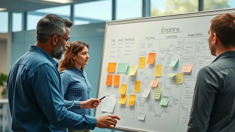 photorealistic, professional photography, 8K, cinematic lighting, sharp focus, depth of field, shot on a high-end DSLR. A diverse group of professionals (e.g., an engineer, a teacher, an IT specialist) gathered around a whiteboard, actively brainstorming and mind-mapping solutions for a community project, with notes and diagrams covering the board. The setting is a modern, collaborative workspace, symbolizing strategic planning.