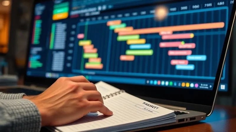 photorealistic, professional photography, 8K, cinematic lighting, sharp focus, depth of field, shot on a high-end DSLR. A detailed, color-coded Gantt chart or project management dashboard displayed on a large screen, with various tasks, timelines, and dependencies clearly visible. In the foreground, hands are typing on a laptop and making notes in a planner, symbolizing meticulous planning for a 10-day project.