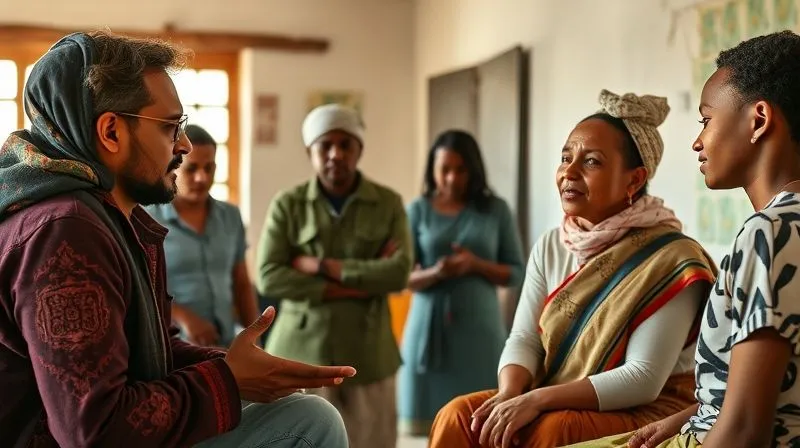 photorealistic, professional photography, 8K, cinematic lighting, sharp focus, depth of field, shot on a high-end DSLR. A diverse group of people from different cultural backgrounds (e.g., a Western professional, a local community leader, a young local trainee) engaged in an animated discussion, gesturing and making eye contact, within a simple community center. The scene highlights mutual respect and active listening, with warm, natural light.